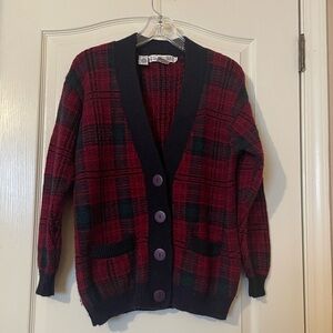 Vintage  90s JH Collectibles Plaid Cardigan Sweater 100% Wool Navy Plaid Size PS